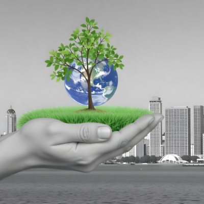Hands Holding A Miniature Earth With A Tree Growing On Top A Patch Of Green Grass And A Cityscape In The Background 21 Db15