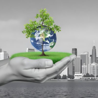 Hands Holding A Miniature Earth With A Tree Growing On Top A Patch Of Green Grass And A Cityscape In The Background 22 Aa22