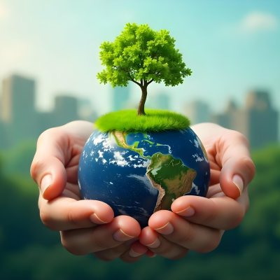 Hands Holding A Miniature Earth With A Tree Growing On Top A Patch Of Green Grass And A Cityscape In The Background 5 6580