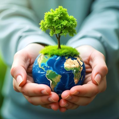 Hands Holding A Miniature Earth With A Tree Growing On Top A Patch Of Green Grass And A Cityscape In The Background 7 0894