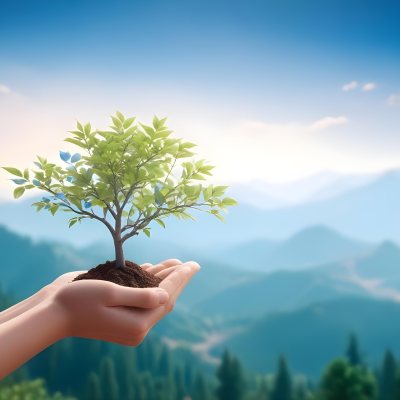 Light Skinned Hands Holding A Small Tree With Blue Leaves And Brown Soil Soft Focus Background With Mountains And Blue Sky 11 Ca66