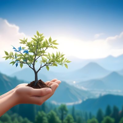 Light Skinned Hands Holding A Small Tree With Blue Leaves And Brown Soil Soft Focus Background With Mountains And Blue Sky 13 8c6b
