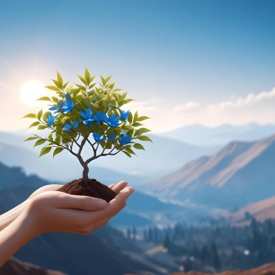 Light Skinned Hands Holding A Small Tree With Blue Leaves And Brown Soil Soft Focus Background With Mountains And Blue Sky 14 8cdc