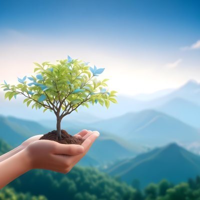 Light Skinned Hands Holding A Small Tree With Blue Leaves And Brown Soil Soft Focus Background With Mountains And Blue Sky 17 B767