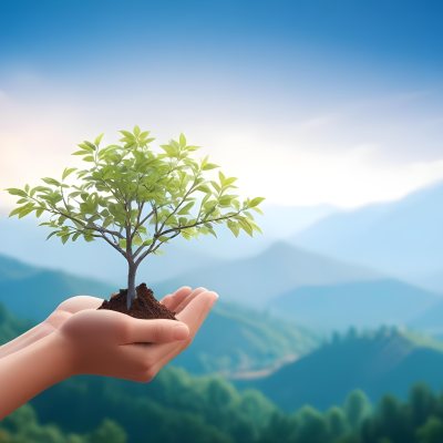 Light Skinned Hands Holding A Small Tree With Blue Leaves And Brown Soil Soft Focus Background With Mountains And Blue Sky 32 5493