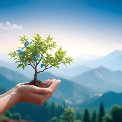Light Skinned Hands Holding A Small Tree With Blue Leaves And Brown Soil Soft Focus Background With Mountains And Blue Sky 35 6cf8
