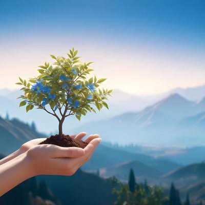Light Skinned Hands Holding A Small Tree With Blue Leaves And Brown Soil Soft Focus Background With Mountains And Blue Sky 37 E42a