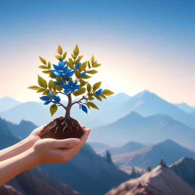 Light Skinned Hands Holding A Small Tree With Blue Leaves And Brown Soil Soft Focus Background With Mountains And Blue Sky 39 Ddd1