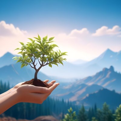 Light Skinned Hands Holding A Small Tree With Blue Leaves And Brown Soil Soft Focus Background With Mountains And Blue Sky 43 9810