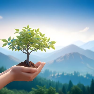 Light Skinned Hands Holding A Small Tree With Blue Leaves And Brown Soil Soft Focus Background With Mountains And Blue Sky 46 B698