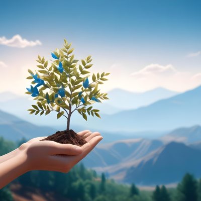 Light Skinned Hands Holding A Small Tree With Blue Leaves And Brown Soil Soft Focus Background With Mountains And Blue Sky 5 61db