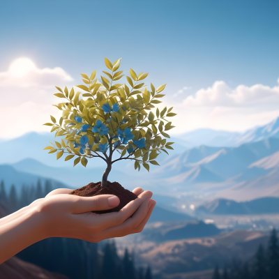 Light Skinned Hands Holding A Small Tree With Blue Leaves And Brown Soil Soft Focus Background With Mountains And Blue Sky 6 74c8