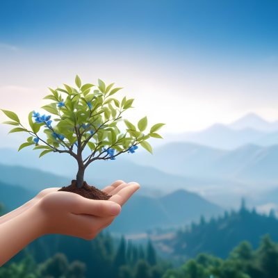 Light Skinned Hands Holding A Small Tree With Blue Leaves And Brown Soil Soft Focus Background With Mountains And Blue Sky 7 7e6c
