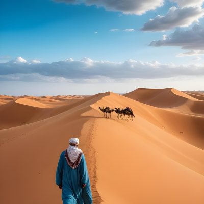 Minimal Soft Studio Light Photography A Man In Traditional Berber Clothing Walking Alone On A Desert Sand Dune With A Caravan Of Camels In The Distance And A Dramatic Cloudy Sky Above High Detail Solid Bold Color Bac 10 0479