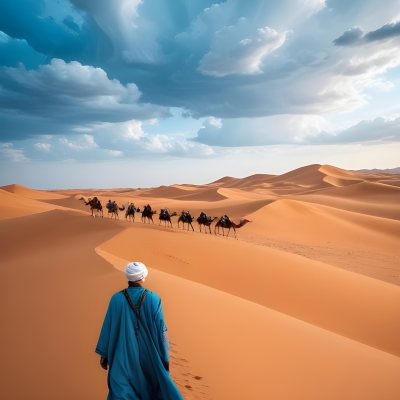 Minimal Soft Studio Light Photography A Man In Traditional Berber Clothing Walking Alone On A Desert Sand Dune With A Caravan Of Camels In The Distance And A Dramatic Cloudy Sky Above High Detail Solid Bold Color Bac 11 4a63
