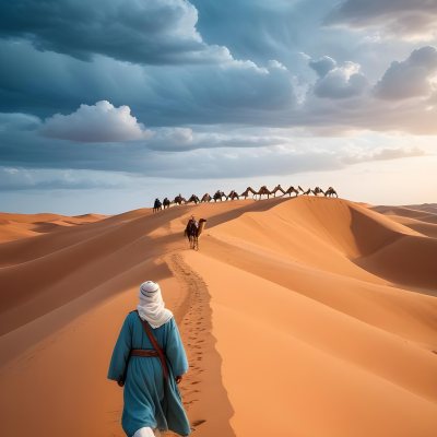 Minimal Soft Studio Light Photography A Man In Traditional Berber Clothing Walking Alone On A Desert Sand Dune With A Caravan Of Camels In The Distance And A Dramatic Cloudy Sky Above High Detail Solid Bold Color Bac 12 299e