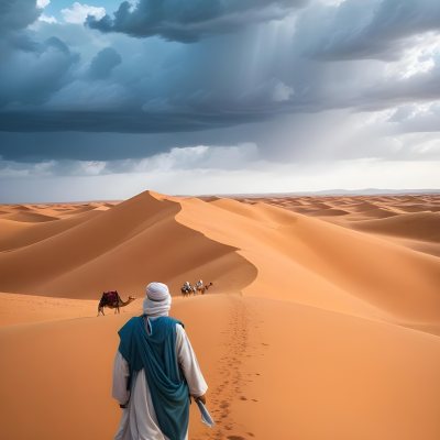 Minimal Soft Studio Light Photography A Man In Traditional Berber Clothing Walking Alone On A Desert Sand Dune With A Caravan Of Camels In The Distance And A Dramatic Cloudy Sky Above High Detail Solid Bold Color Bac 13 1de6
