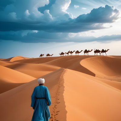 Minimal Soft Studio Light Photography A Man In Traditional Berber Clothing Walking Alone On A Desert Sand Dune With A Caravan Of Camels In The Distance And A Dramatic Cloudy Sky Above High Detail Solid Bold Color Bac 14 19ad