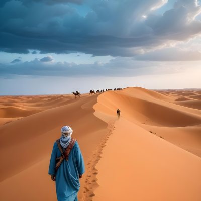 Minimal Soft Studio Light Photography A Man In Traditional Berber Clothing Walking Alone On A Desert Sand Dune With A Caravan Of Camels In The Distance And A Dramatic Cloudy Sky Above High Detail Solid Bold Color Bac 3 F7fa