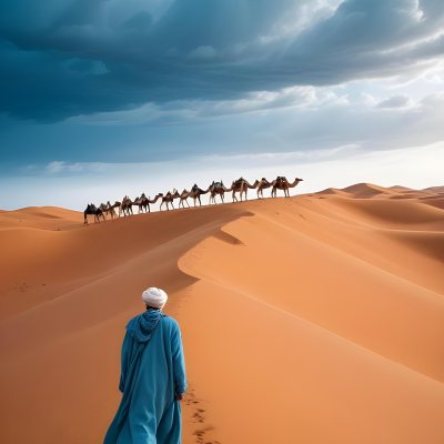 Minimal Soft Studio Light Photography A Man In Traditional Berber Clothing Walking Alone On A Desert Sand Dune With A Caravan Of Camels In The Distance And A Dramatic Cloudy Sky Above High Detail Solid Bold Color Bac 4 2bb5