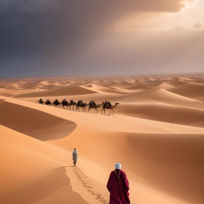 Minimal Soft Studio Light Photography A Man In Traditional Berber Clothing Walking Alone On A Desert Sand Dune With A Caravan Of Camels In The Distance And A Dramatic Cloudy Sky Above High Detail Solid Bold Color Bac 5 3af2