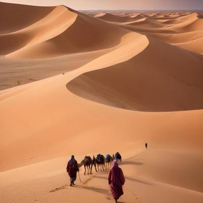 Minimal Soft Studio Light Photography A Man In Traditional Berber Clothing Walking Alone On A Desert Sand Dune With A Caravan Of Camels In The Distance And A Dramatic Cloudy Sky Above High Detail Solid Bold Color Bac 6 D37b