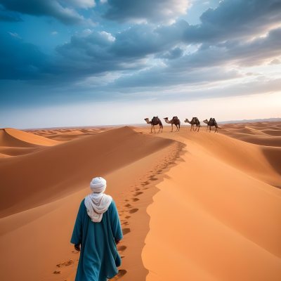 Minimal Soft Studio Light Photography A Man In Traditional Berber Clothing Walking Alone On A Desert Sand Dune With A Caravan Of Camels In The Distance And A Dramatic Cloudy Sky Above High Detail Solid Bold Color Bac 7 7f32