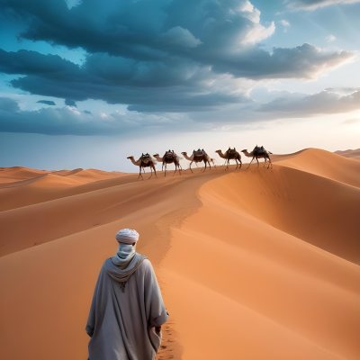 Minimal Soft Studio Light Photography A Man In Traditional Berber Clothing Walking Alone On A Desert Sand Dune With A Caravan Of Camels In The Distance And A Dramatic Cloudy Sky Above High Detail Solid Bold Color Bac 8 9ee4
