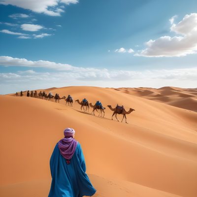 Minimal Soft Studio Light Photography A Man In Traditional Berber Clothing Walking Alone On A Desert Sand Dune With A Caravan Of Camels In The Distance And A Dramatic Cloudy Sky Above High Detail Solid Bold Color Bac 9 B671