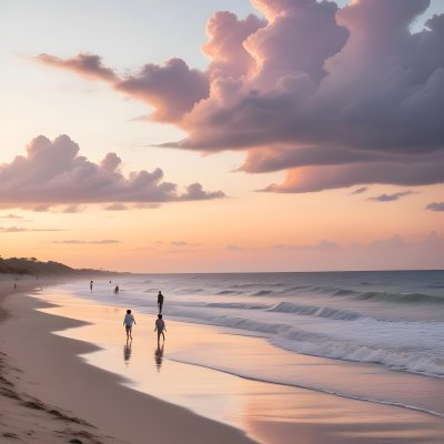 Minimal Soft Studio Light Photography A Serene Beach Scene At Sunset With A Calm Ocean And Distant Silhouettes Of People Walking Along The Shore The Sky Is Filled With Soft Pastel Colored Clouds Creating A Peaceful A 13 6c91