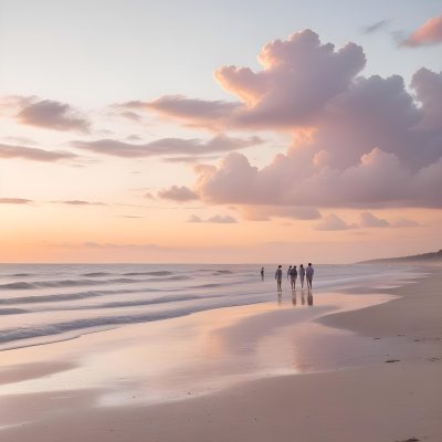 Minimal Soft Studio Light Photography A Serene Beach Scene At Sunset With A Calm Ocean And Distant Silhouettes Of People Walking Along The Shore The Sky Is Filled With Soft Pastel Colored Clouds Creating A Peaceful A 19 46c1