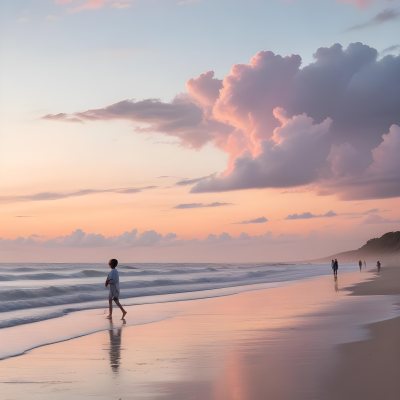 Minimal Soft Studio Light Photography A Serene Beach Scene At Sunset With A Calm Ocean And Distant Silhouettes Of People Walking Along The Shore The Sky Is Filled With Soft Pastel Colored Clouds Creating A Peaceful A 20 C7c4