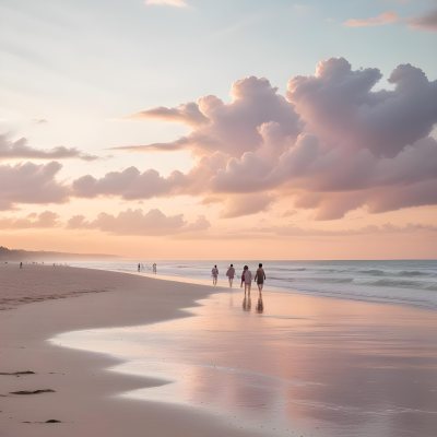 Minimal Soft Studio Light Photography A Serene Beach Scene At Sunset With A Calm Ocean And Distant Silhouettes Of People Walking Along The Shore The Sky Is Filled With Soft Pastel Colored Clouds Creating A Peaceful A 24 B3ed