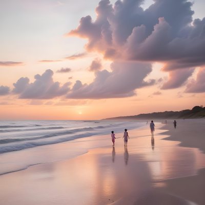 Minimal Soft Studio Light Photography A Serene Beach Scene At Sunset With A Calm Ocean And Distant Silhouettes Of People Walking Along The Shore The Sky Is Filled With Soft Pastel Colored Clouds Creating A Peaceful A 25 66ca