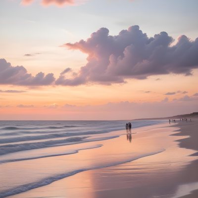 Minimal Soft Studio Light Photography A Serene Beach Scene At Sunset With A Calm Ocean And Distant Silhouettes Of People Walking Along The Shore The Sky Is Filled With Soft Pastel Colored Clouds Creating A Peaceful A 26 0897