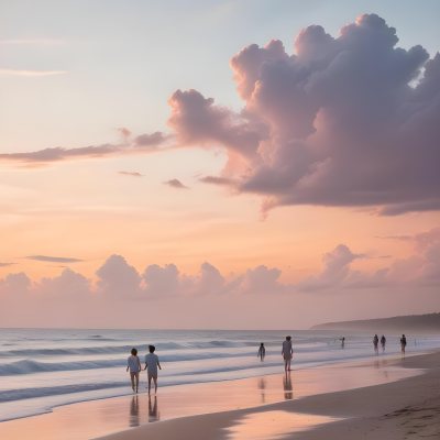 Minimal Soft Studio Light Photography A Serene Beach Scene At Sunset With A Calm Ocean And Distant Silhouettes Of People Walking Along The Shore The Sky Is Filled With Soft Pastel Colored Clouds Creating A Peaceful A 28 7c93