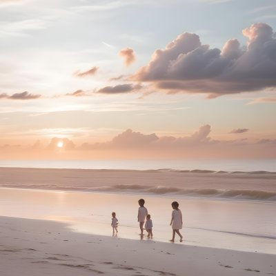 Minimal Soft Studio Light Photography A Serene Beach Scene At Sunset With A Calm Ocean And Distant Silhouettes Of People Walking Along The Shore The Sky Is Filled With Soft Pastel Colored Clouds Creating A Peaceful A 29 08e6