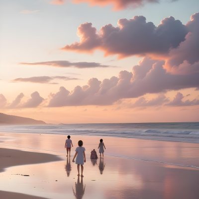 Minimal Soft Studio Light Photography A Serene Beach Scene At Sunset With A Calm Ocean And Distant Silhouettes Of People Walking Along The Shore The Sky Is Filled With Soft Pastel Colored Clouds Creating A Peaceful A 3 369b