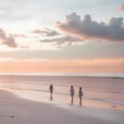 Minimal Soft Studio Light Photography A Serene Beach Scene At Sunset With A Calm Ocean And Distant Silhouettes Of People Walking Along The Shore The Sky Is Filled With Soft Pastel Colored Clouds Creating A Peaceful A 30 D44b