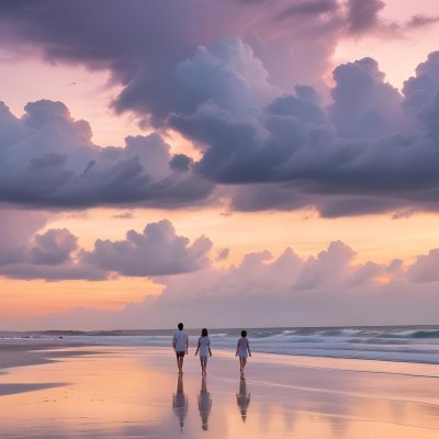 Minimal Soft Studio Light Photography A Serene Beach Scene At Sunset With A Calm Ocean And Distant Silhouettes Of People Walking Along The Shore The Sky Is Filled With Soft Pastel Colored Clouds Creating A Peaceful A 6 5aa6