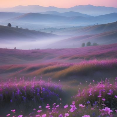 Minimal Soft Studio Light Photography A Serene Landscape With Rolling Hills And Mountains In The Background Covered In A Hazy Mist In The Foreground There Are Vibrant Purple And Pink Wildflowers Blooming Creating A 10 64ce