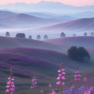Minimal Soft Studio Light Photography A Serene Landscape With Rolling Hills And Mountains In The Background Covered In A Hazy Mist In The Foreground There Are Vibrant Purple And Pink Wildflowers Blooming Creating A 12 1788