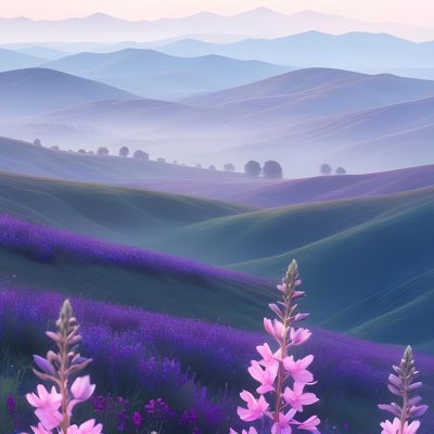 Minimal Soft Studio Light Photography A Serene Landscape With Rolling Hills And Mountains In The Background Covered In A Hazy Mist In The Foreground There Are Vibrant Purple And Pink Wildflowers Blooming Creating A 16 0245