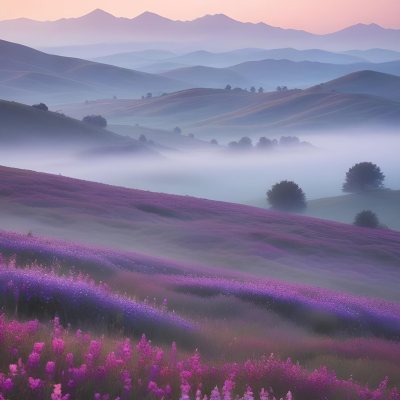 Minimal Soft Studio Light Photography A Serene Landscape With Rolling Hills And Mountains In The Background Covered In A Hazy Mist In The Foreground There Are Vibrant Purple And Pink Wildflowers Blooming Creating A 18 1a4d