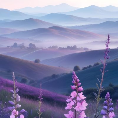 Minimal Soft Studio Light Photography A Serene Landscape With Rolling Hills And Mountains In The Background Covered In A Hazy Mist In The Foreground There Are Vibrant Purple And Pink Wildflowers Blooming Creating A 19 2c50