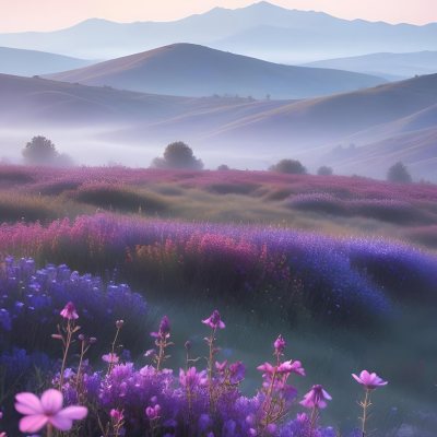 Minimal Soft Studio Light Photography A Serene Landscape With Rolling Hills And Mountains In The Background Covered In A Hazy Mist In The Foreground There Are Vibrant Purple And Pink Wildflowers Blooming Creating A 21 8feb