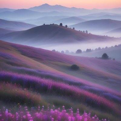 Minimal Soft Studio Light Photography A Serene Landscape With Rolling Hills And Mountains In The Background Covered In A Hazy Mist In The Foreground There Are Vibrant Purple And Pink Wildflowers Blooming Creating A 22 Edc1