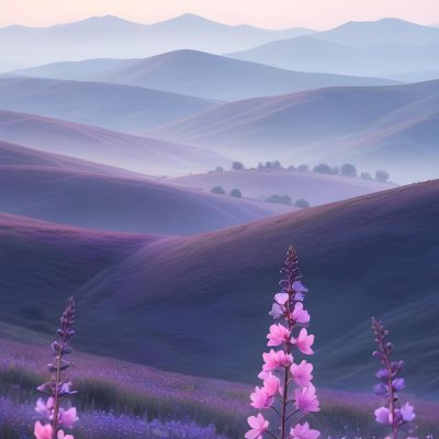 Minimal Soft Studio Light Photography A Serene Landscape With Rolling Hills And Mountains In The Background Covered In A Hazy Mist In The Foreground There Are Vibrant Purple And Pink Wildflowers Blooming Creating A 23 2389