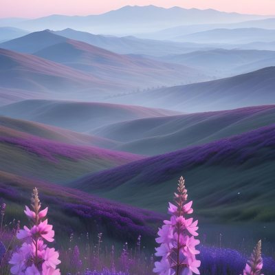Minimal Soft Studio Light Photography A Serene Landscape With Rolling Hills And Mountains In The Background Covered In A Hazy Mist In The Foreground There Are Vibrant Purple And Pink Wildflowers Blooming Creating A 25 B7d2