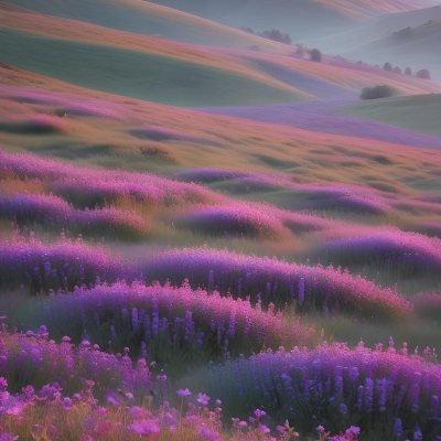 Minimal Soft Studio Light Photography A Serene Landscape With Rolling Hills And Mountains In The Background Covered In A Hazy Mist In The Foreground There Are Vibrant Purple And Pink Wildflowers Blooming Creating A 3 356e